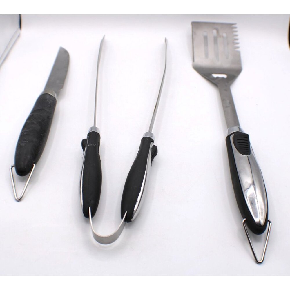 Stainless Steel BBQ Utensil Set 3 Tongs Spatula More Black Handles Hanging Loops
